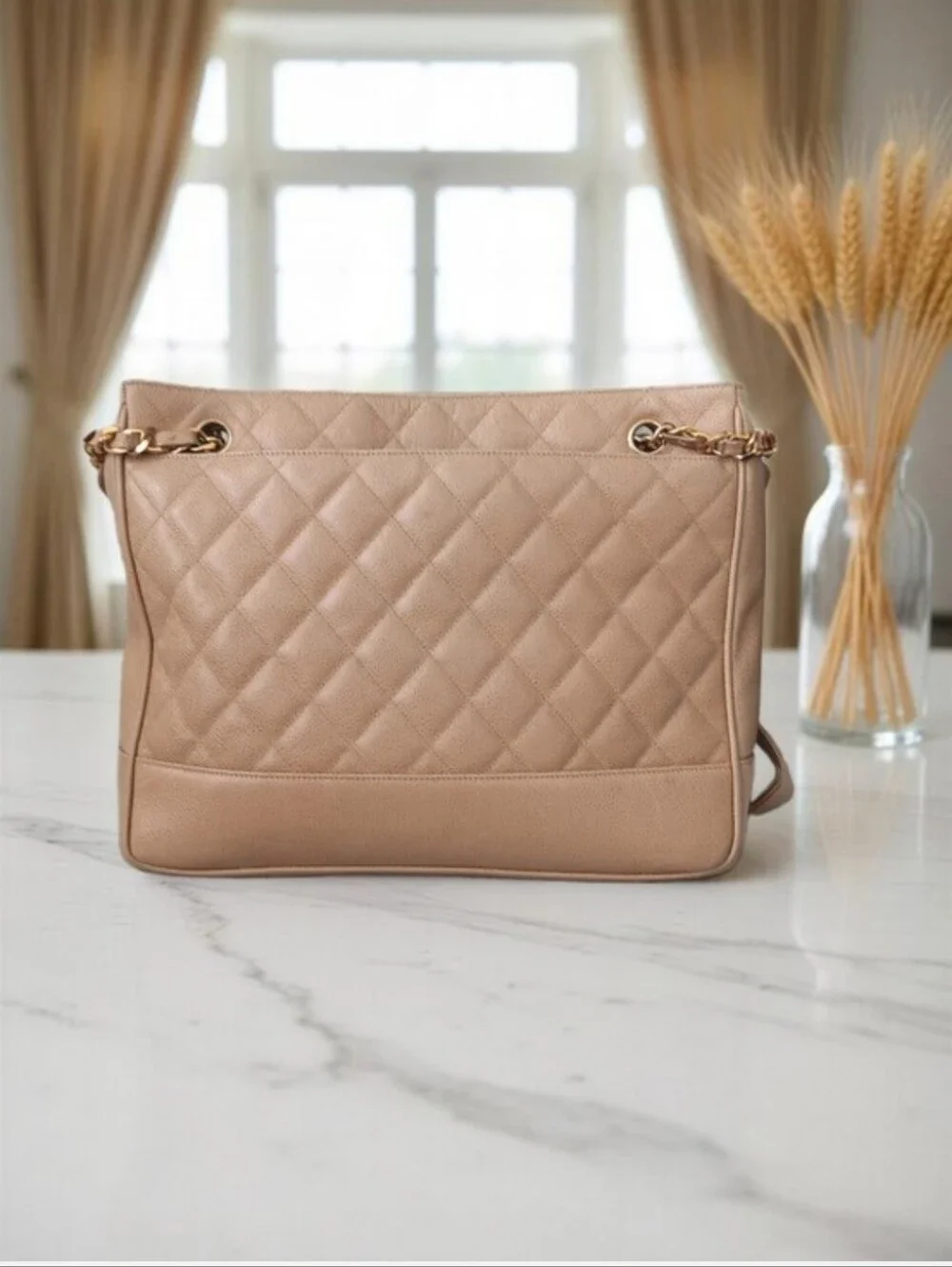 Chanel Vintage Beige Caviar Leather Quilted Tote 24K Gold Plated ✨️ COA